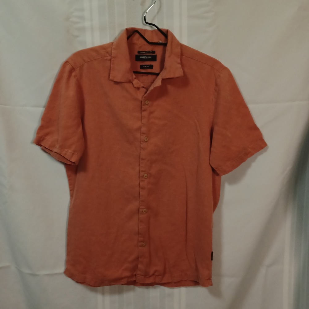 Kenneth Cole Shirt Mens M Coral KN9H78VRUE Slim Fit Short Sleeve Linen Blend